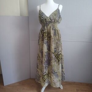 Shescool Women Large Animal Print Maxi Dress Green Zebra Leopard Smocked Waist